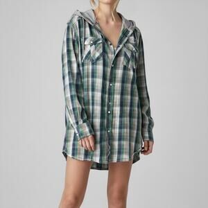 Vintage Hooded Flannel Plaid Shirt L Grunge Urban Utility Streetwear Green Skate